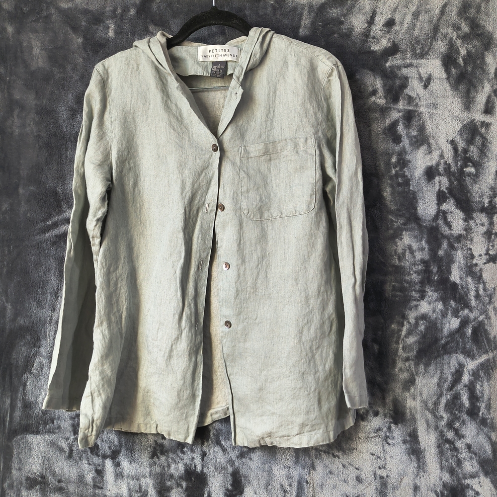 Saks Fifth Avenue Gray Hooded Button-Up Top